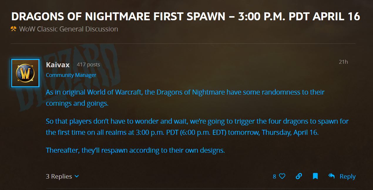 Dragons of Nightmare First Spawn 3PM PDT April 16th WoW Classic - Warcraft Tavern