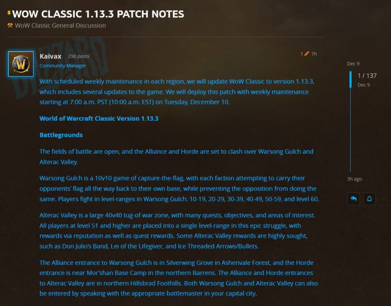 WoW Classic Patch Notes 1.13.3 AV, WSG, and Elemental Invasions