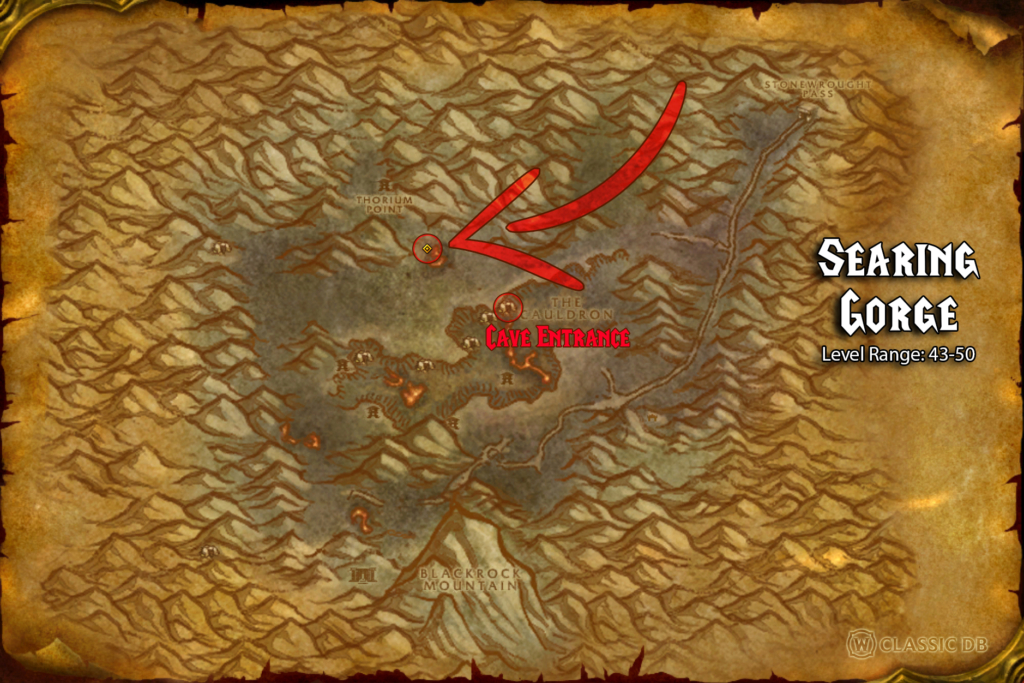 where to find fire specialization rune in searing gorge with cave entrance