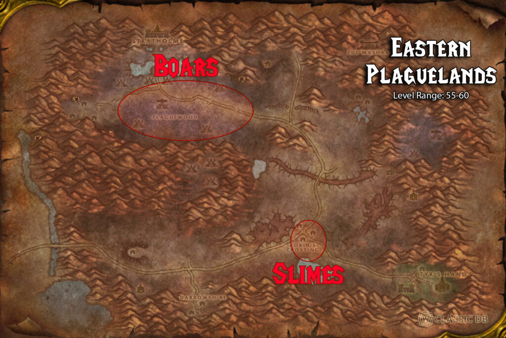 where to find resourcefulness rune in eastern plaguelands boars for tainted boar meat and slimes for bubbling green ichor