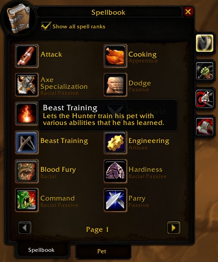 hunter beast training in spellbook